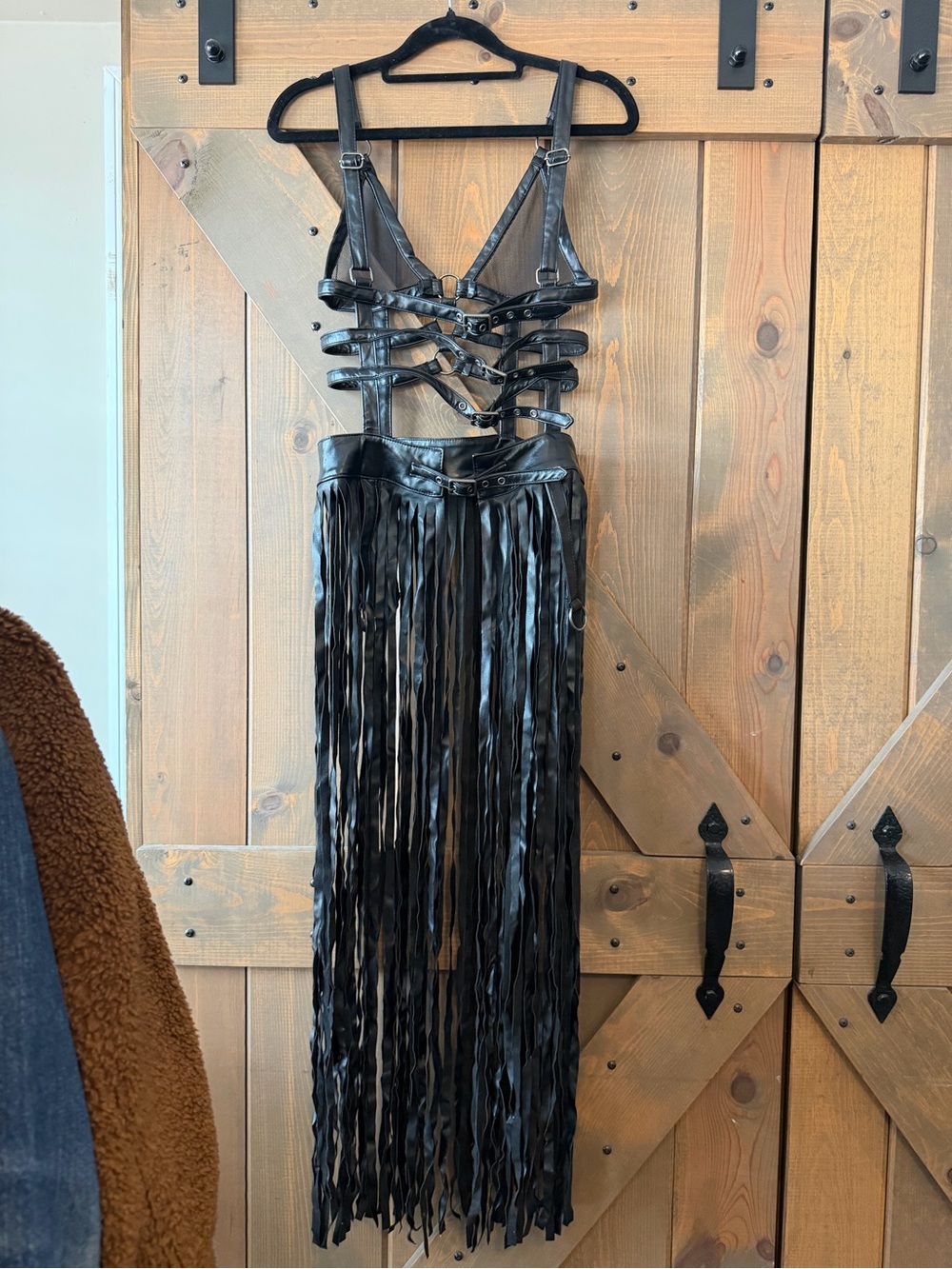Black Faux Leather Fringe Maxi Dress with Harness Straps